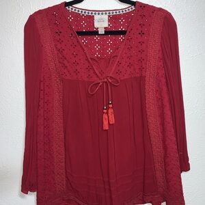 Knox Rose Red Blouse with Lace and Tassels